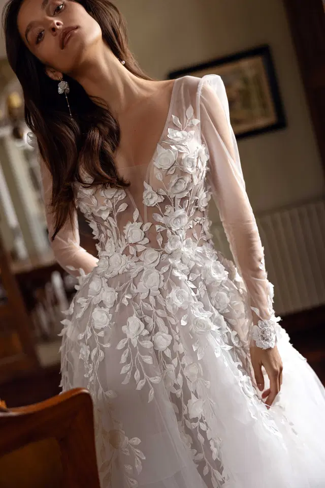 Danica by Tina Valerdi: Ball Gown silhouette, deep V-neck neckline, long sleeves, tulle