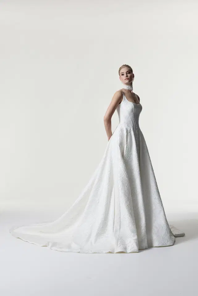 Penelope by Josephine Scott: A-Line silhouette, square neckline, sleeveless, jacquard