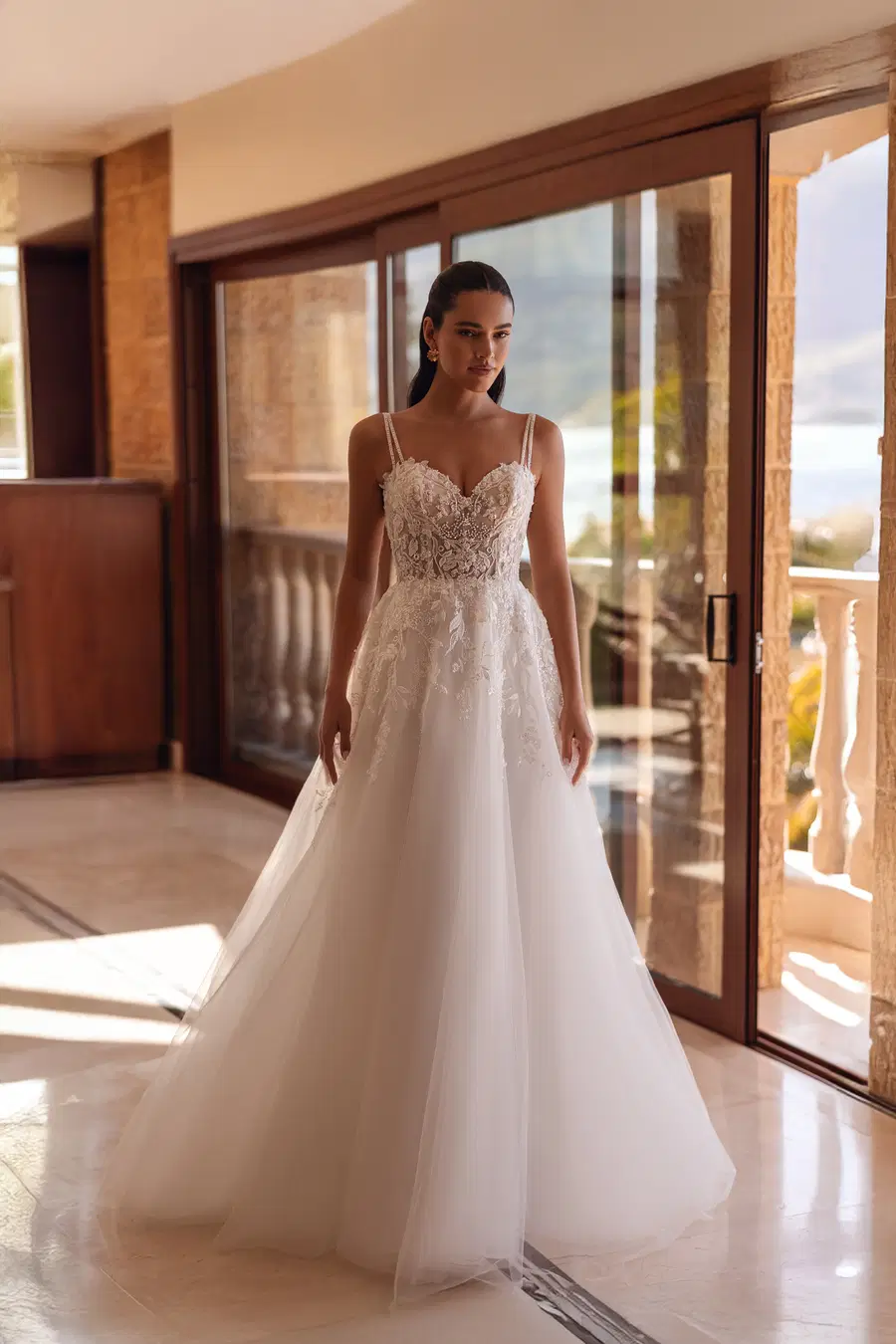 8278 by Demetrios: A-Line silhouette, sweetheart neckline, sleeveless, lace