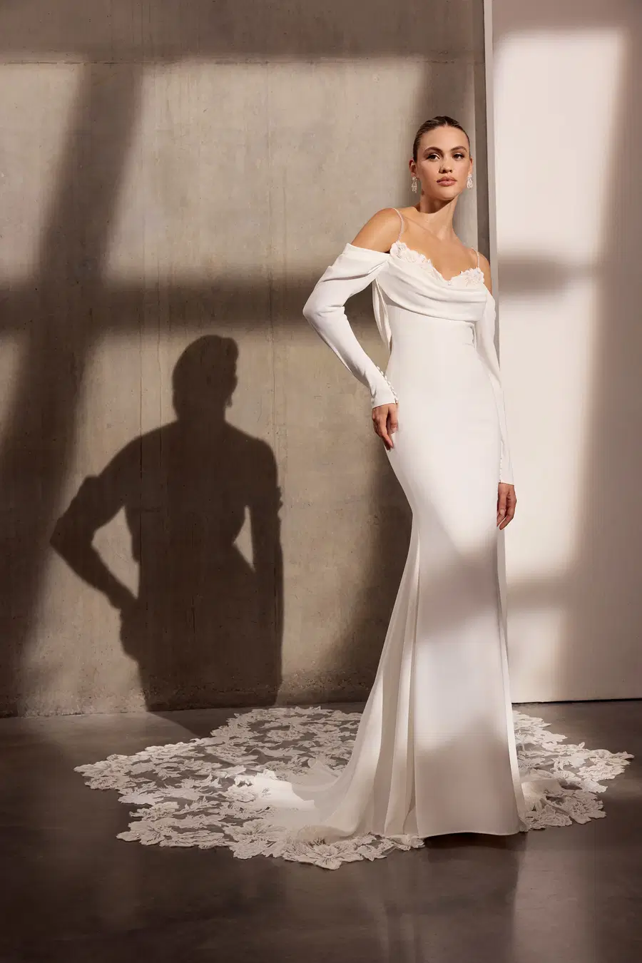 Peyton by Avenue by Josephine Scott: Mermaid silhouette, sweetheart neckline, long sleeves, crepe